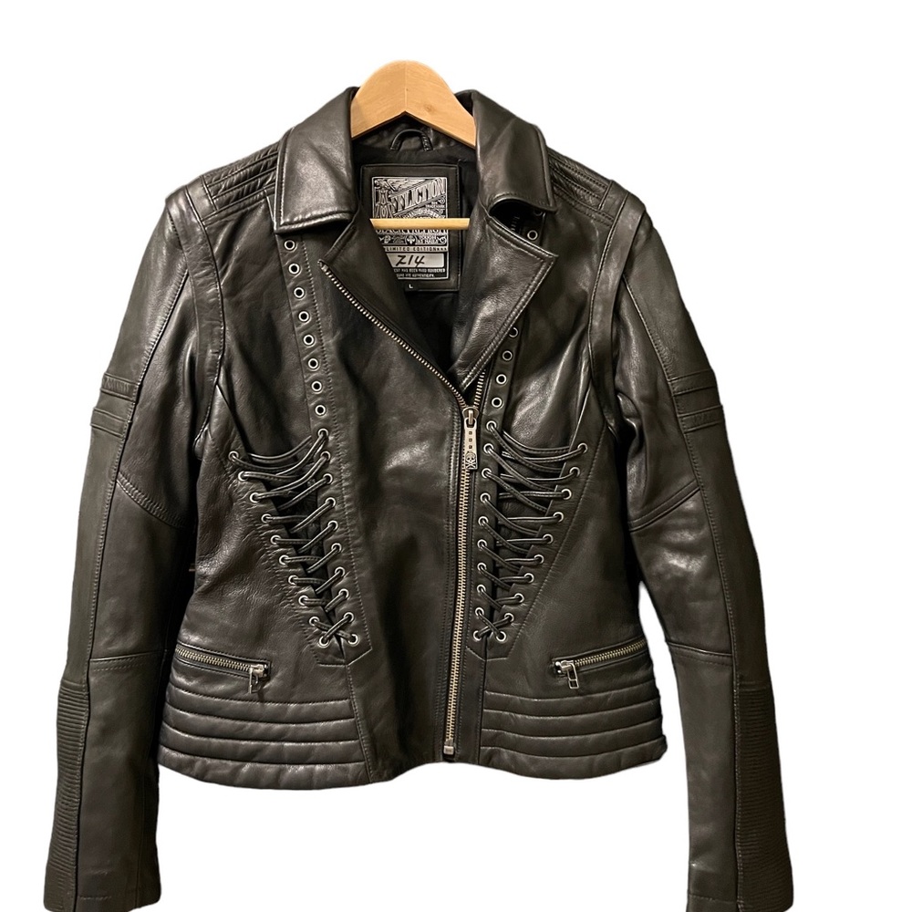 AFFLICTION SINNERS AND SAINTS LEATHER JACKET WOMEN’S SIZE L    NWOT